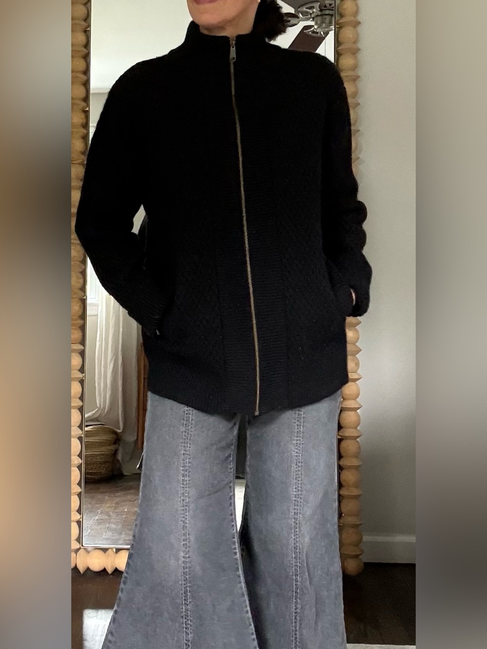 Built by Wendy Black Cable Knit Virgin Wool Zip Up Sweater Jacket - Picture 14 of 14